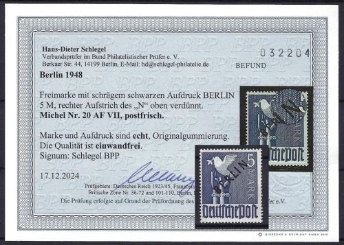 Berlin Mi 20** m. Plattenfehler AF VII einwandfrei, Befund Schlegel BPP