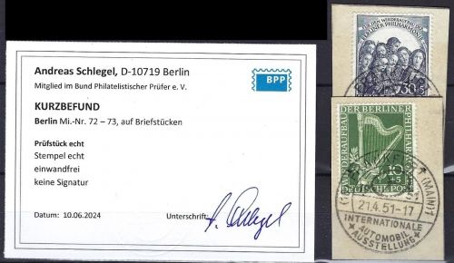 P) Berlin Mi 72-73 auf 2 Briefstücken, einwandfrei mit KB Schlegel BPP