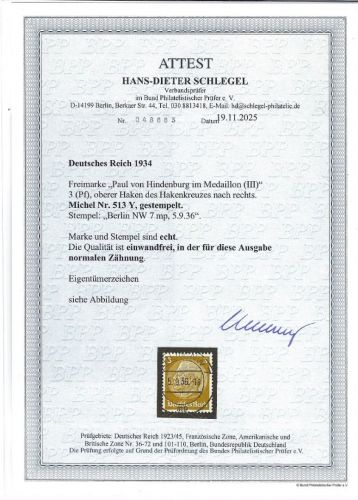 DR Hindenburg, Mi 513 Y ideal gestempelt, einwandfrei, FFA Schlegel BPP