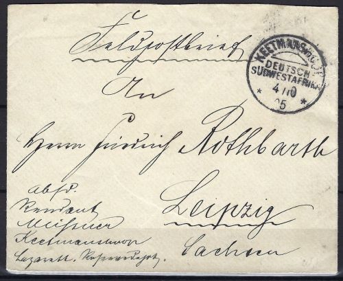DSWA Feldpostbrief Keetmanshoop-Leipzig 1905