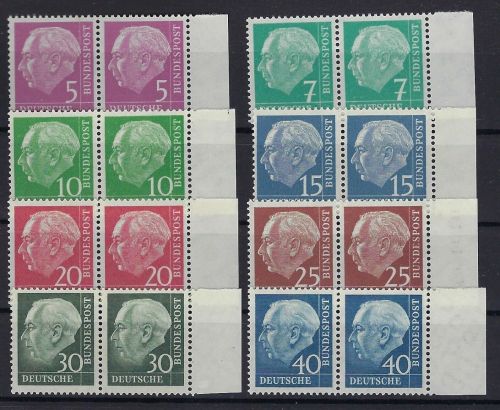 Bund Heuss Lumo Satz, 8 Paare komplett vom Seitenrand ** einwandfrei