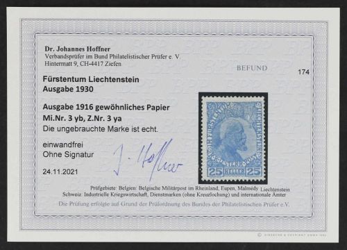 Liechtenstein Mi 3 y b *, einwandfrei mit Befund Hoffner BPP