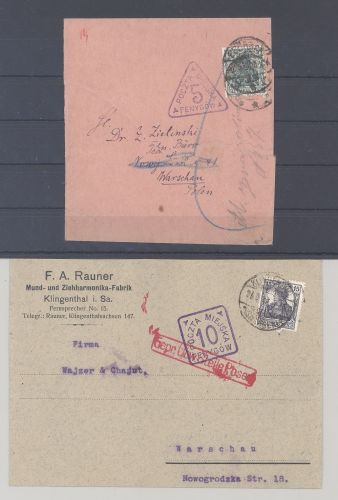 Dt. Bes. 1. WK Stadtpost Warschau, 2 interessante Belege als Posten