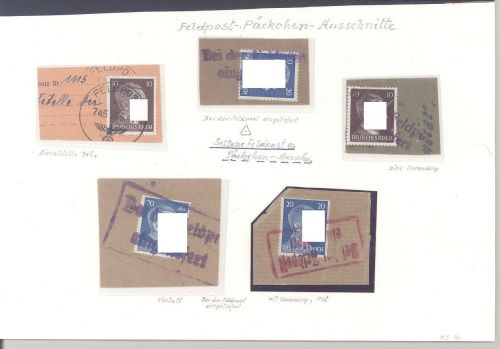 Dt. Feldpost, fünf interessante Feldpost Päckchen Ausschnitte