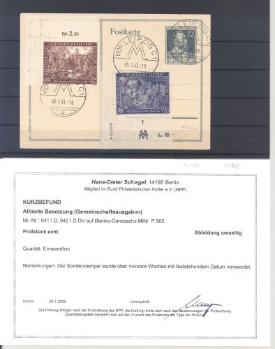 Alliierte Besetzung Michel Nummer 941-942 I D auf Karte, Befund BPP