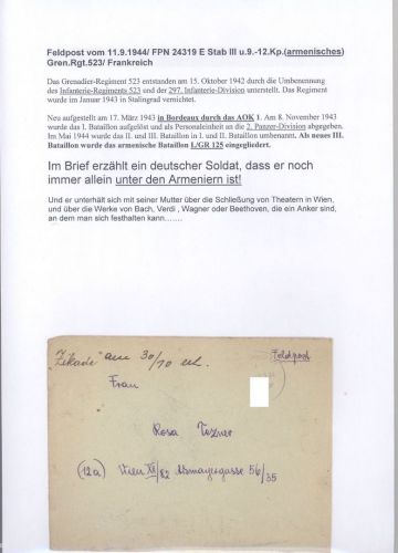 Dt. Feldpost 2. WK, Brief 1944 vom armenischen Gren. Regiment FP 24319