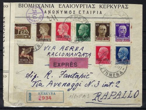 Italien/Jonische Inseln, Mi 15-23 Satzbrief befördert Korfu n. Rapallo