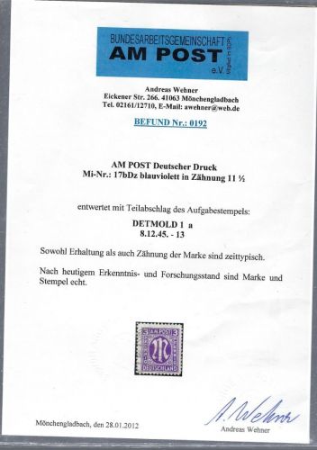 Bizone / AM Post Mi 17 b Dz ° mit Befund Wehner ArGe AM Post
