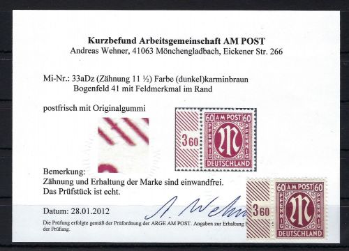 Bizone / AM Post Mi 33 a D z ** einwandfrei, KB Wehner ArGe AM Post