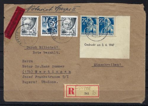 Rheinland Pfalz Mi 13w Bru auf R.Brief/Eilbote von Speyer n. Wertingen