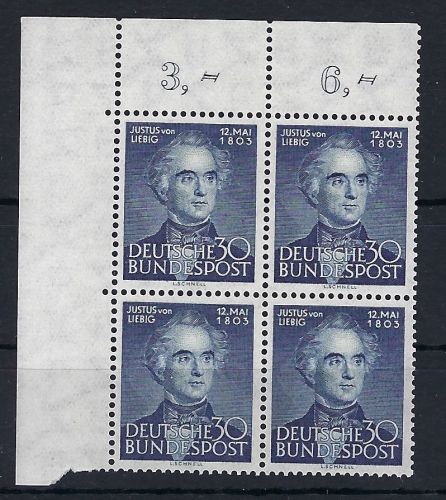 Bund 1953, J. Liebig, Mi 166 VB Eckrand OL , einwandfrei