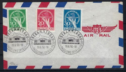 Berlin 1949, Mi 68 - 70 auf Luftpostumschlag mit SoSt Oberammergau