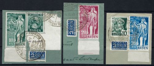 Fr. Zone Baden, Mi 50-52 und 47 mit Druckdatum 4.8.49, Briefstück
