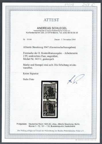 Kontrollrat II, Mi 943 U ° senk. Paar einwandfrei, mit FA Schlegel BPP