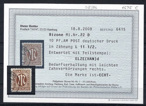 AM Post Mi 22 D ° Zähnung 11 1/2, Befund Schlegel BPP