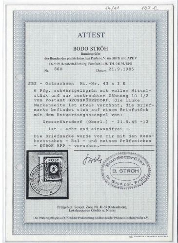 Ost Sachsen Mi 43 a I E ° auf Briefstück, mit FFA Stroh BPP