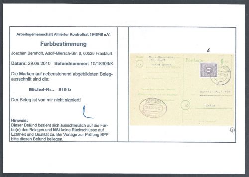Kontrollrat I Postkarte Gebühr bezahlt mit Zusatzfrank. Mi 916 b