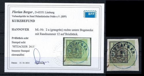 Hannover Mi 2 a ° Briefstück, BE UR Luxus, KB Berger BPP (PP