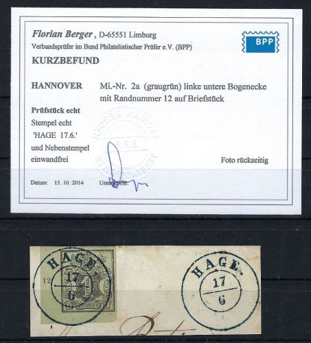 Hannover Mi 2 a ° Briefstück, BE UL Luxus, KB Berger BPP (PP