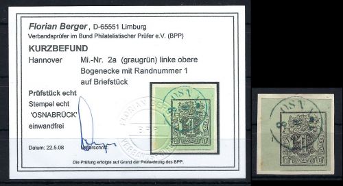 Hannover Mi 2 a ° Briefstück, BE OL Luxus, KB Berger BPP (PP