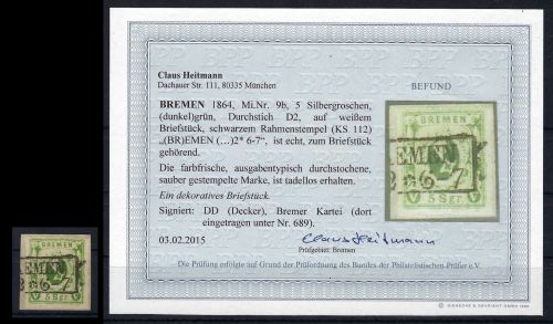 Bremen Mi 9 b ° auf Luxus Briefstück mit Befund Heitmann BPP (PP