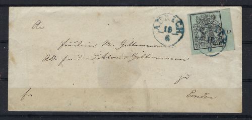 Hannover Mi 2 a Eckrand UR mit RZ 1, EF Aurich n. Emden (PP