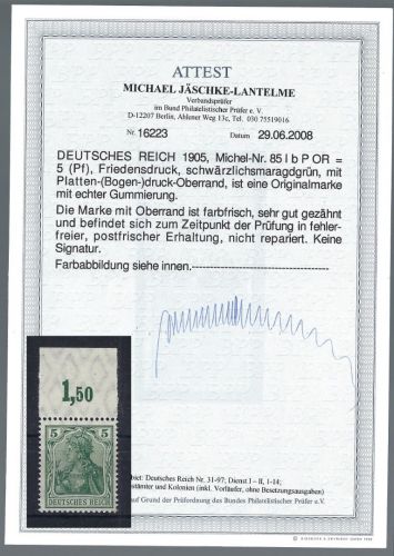 DR Germania Mi 85 I b P OR ** einwandfrei, FFA Jäschke-L. BPP, ME 500€