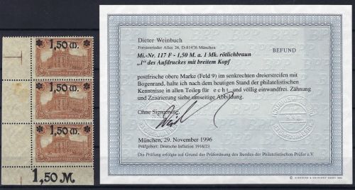 C) DR Mi 117 F **, senk. Dreierstreifen, Befund Weinbuch BPP, ME 220€