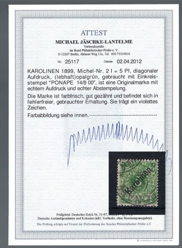 Karolinen, Mi 2 I ° einwandfrei, mit FFA Jäschke-L BPP, ME 750€