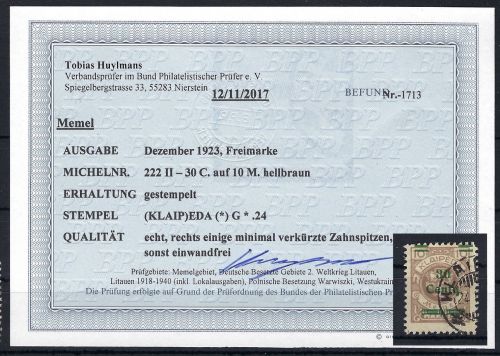 Memelgebiet Mi 222 II ° mit Befund Huylmans BPP, ME 525 €