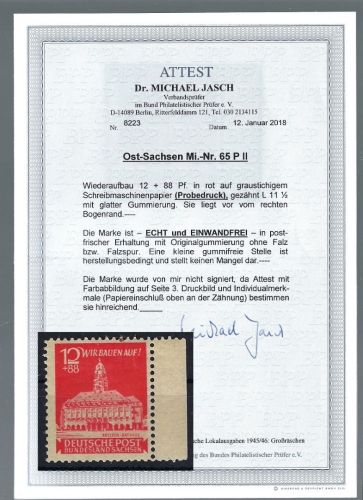 C) Ost Sachen, mi 65 P II** einwandfrei, Probedruck, FFA BPP, ME 750€