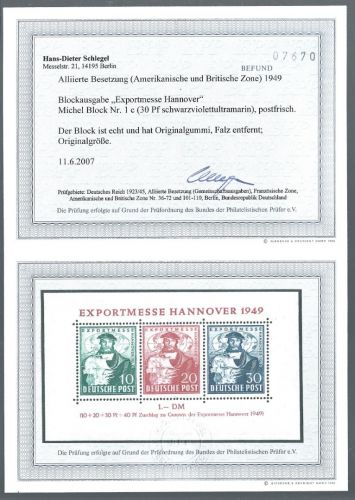 C) Bizone Block 1 c * (entfalzt), mit Befund Schlegel BPP