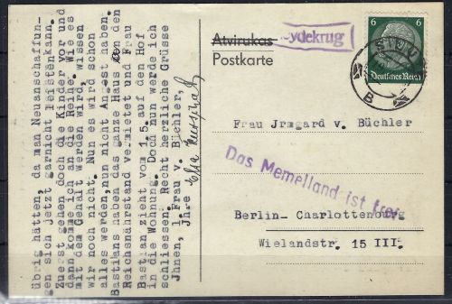 Memelgebiet Postkarte, DR Frankatur, L 1 Memel ist frei+RA 1 Heydekrug