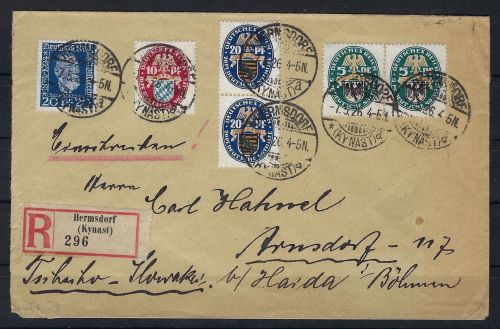 DR Einschreiben befördert von Hermsdorf - Haida (Böhmen) 1926 (CC