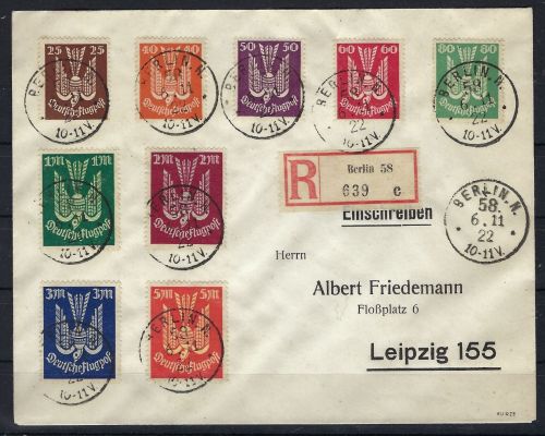 DR Mi 210 -218 Satzbrief, Einschreiben Berlin n Leipzig 1922 (CC