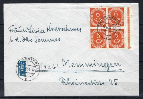 C) BRD Posthorn, Mi 126 VB Randstück, MeF Sonthofen - Memmingen 1954
