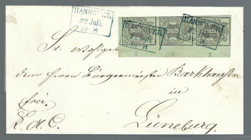 Hannover Mi 2a 3er-Str. BE mit RZ 10-12, MeF Hannover n. Lüneburg (PP