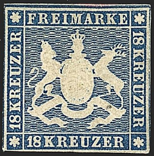 Württemberg Mi 15 * mit falz, seltene Marke, ME 4000€