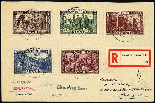 Saarland Mi 299 - 303 Einschreiben-FDC, Befund Ney BPP, ME 750€