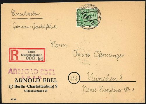 Berlin Mi 16 als EF, Einschreibebrief nach München befördert