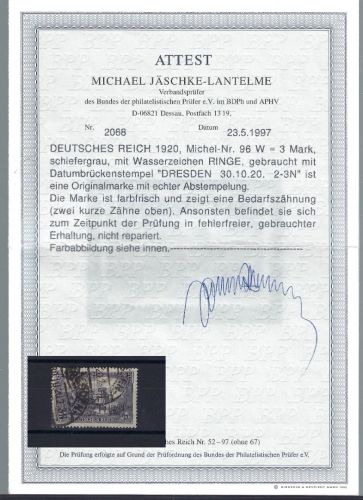 C) DR 1920, Mi 96 B II a W° (WZ Ringe), FFA Jäschke-L. BPP, ME 5.000€