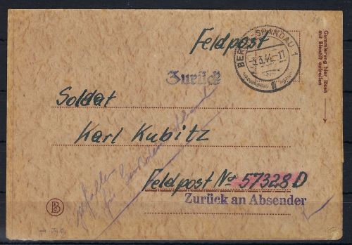 Feldpost Heimat-Front an 57325D , zurück, GEFALLEN FÜR GROßDEUTSCHLAND