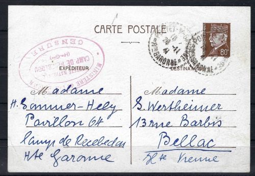 Feldpost-Zensurkarte aus dem Transitlager Deportantionslager Récébédou