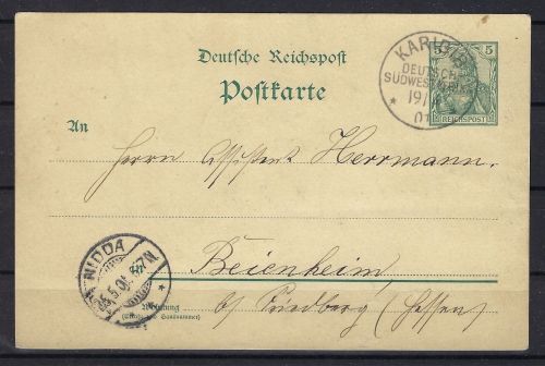 DSWA, DR Germania Vorläufer Ganzsache,. Karibib n. Beienheim 1904