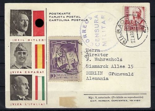 Zensur-Propagandakarte 1938, Hitler-Franco-Mussolini, Bilbao n. Berlin