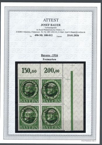 P) Bayern 1916, Mi 108 II VB Ecke OR in Luxus Qualität, FFA Bauer BPP