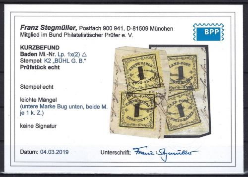 P) Baden Landpost Mi 1x (2) auf ∆ mit KB Stegmüller BPP, ME 800€