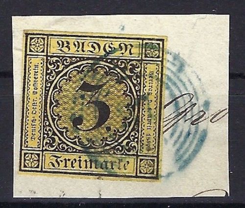 P) Baden Mi 2a° auf Briefstück mit Nummernstempel 37 blau, Endingen