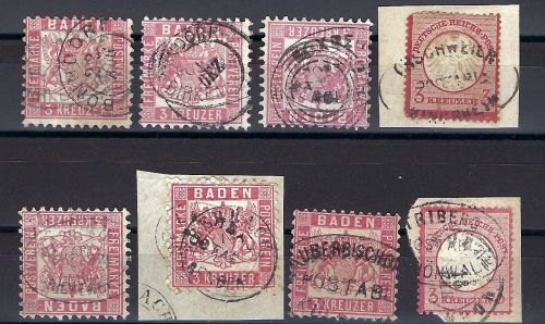 P) Baden+Baden Nachverwendung auf DR, 8 Werte mit Postablagestempeln