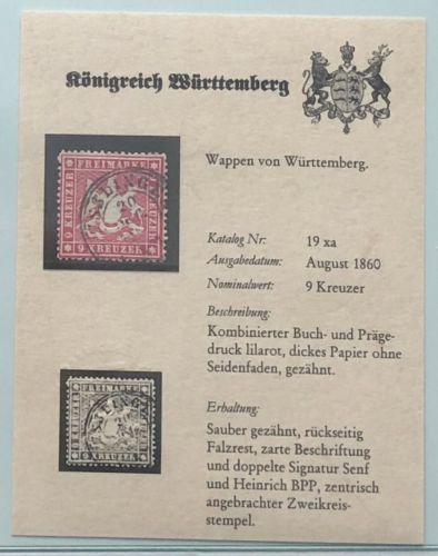 P) Württemberg Mi 19 xa° auf DPS Sammelkärtchen, ME 200€